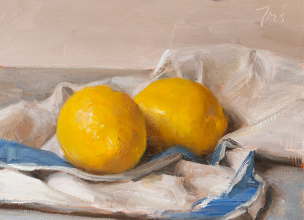 daily painting titled Two lemons on a French cloth