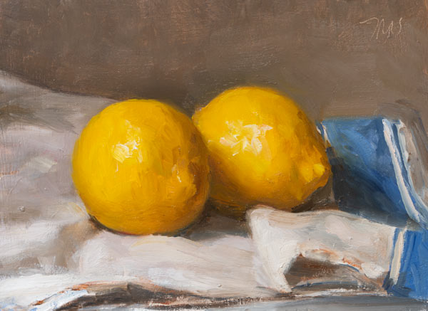 daily painting titled Lemons on a French cloth #2