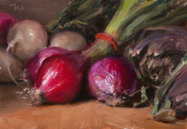 daily painting titled Spring onions, baby turnips and artichokes
