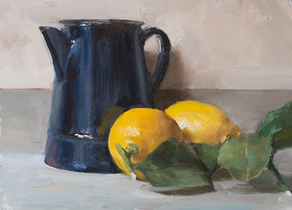 daily painting titled Lemons and blue jug