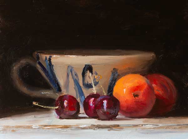 daily painting titled Apricots, cherries and cup