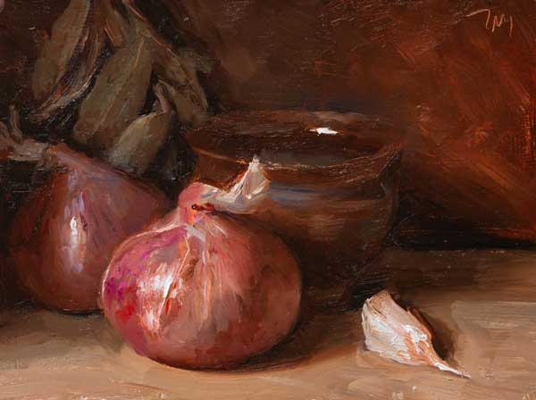 daily painting titled Onions, bowl and herbs with a clove of garlic