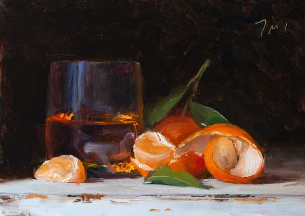 daily painting titled Still-life with whisky and clementines