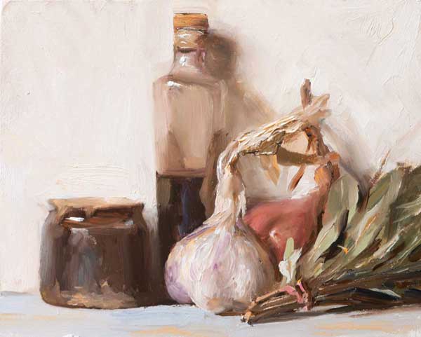 daily painting titled Still life with salt pot, garlic, herbs and balsamic vinegar