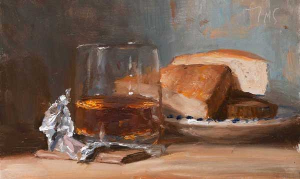 daily painting titled Whisky with cake and chocolate