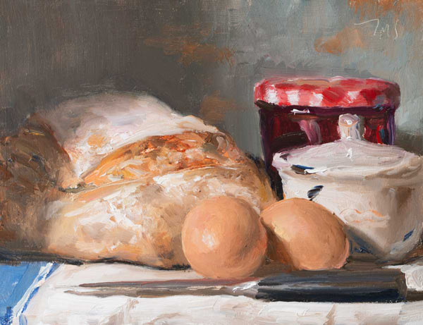 daily painting titled Still life with eggs, loaf and jam