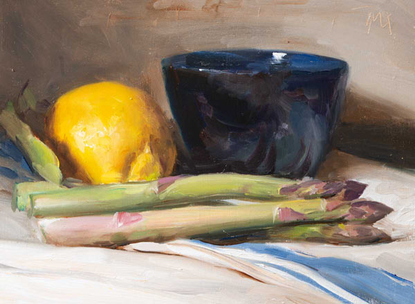 daily painting titled Still life with asparagus, lemon and bowl