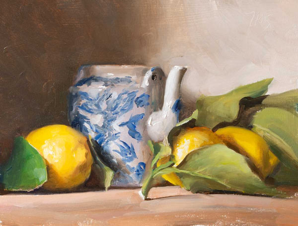 daily painting titled Lemons with Chinese teapot