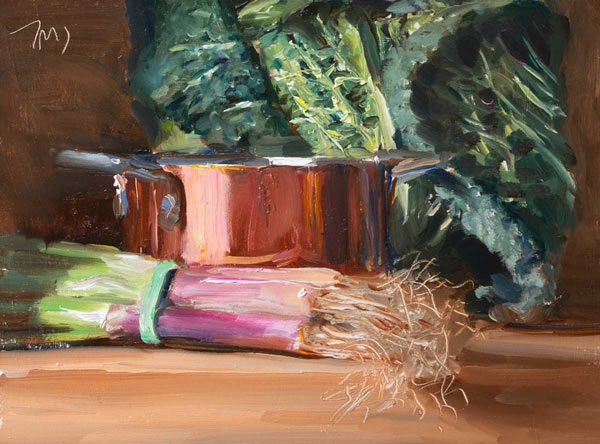 daily painting titled Still life with copper pan and spring onions