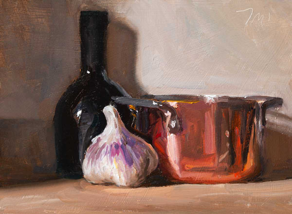 daily painting titled Garlic with bottle and copper pan