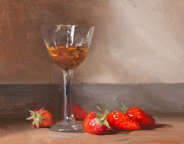 daily painting titled Strawberries with a glass of Beaumes-de-Venise
