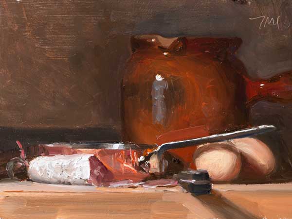 daily painting titled Still life with Saucisson, copper pan, eggs and knife