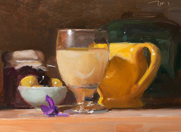 daily painting titled Pastis with olives and a wild violet 
