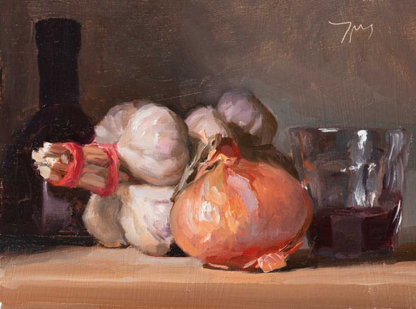 daily painting titled Onion, garlic and a glass of red wine