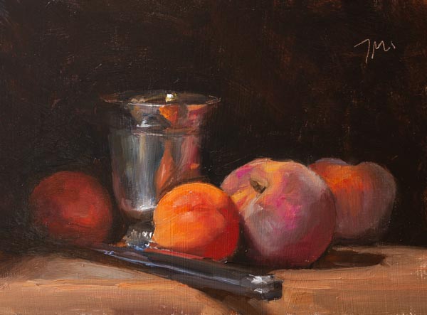 daily painting titled Peaches, apricots and silver goblet