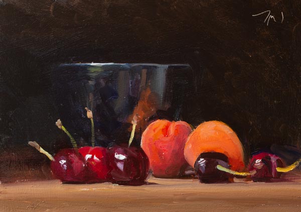 daily painting titled Cherries, apricots and black bowl