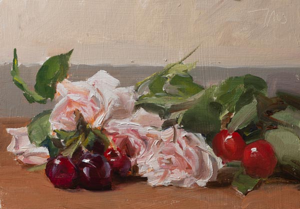 daily painting titled Roses and cherries