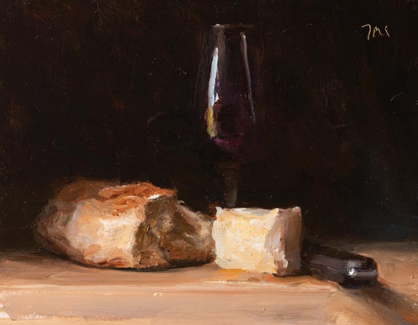 daily painting titled Bread, cheese and red wine
