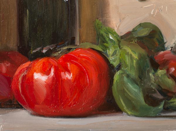 daily painting titled Tomatoes with basil and olive oil