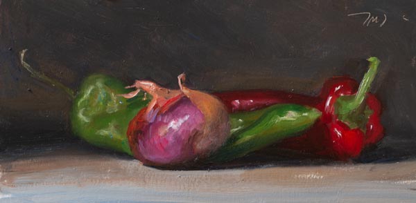 daily painting titled Still life with peppers and onion