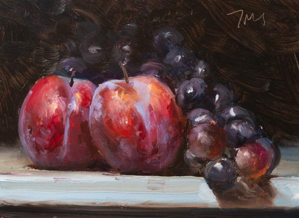 daily painting titled Still life with plums and black grapes