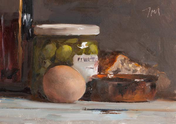 daily painting titled Still life with jar of olives, egg and bread