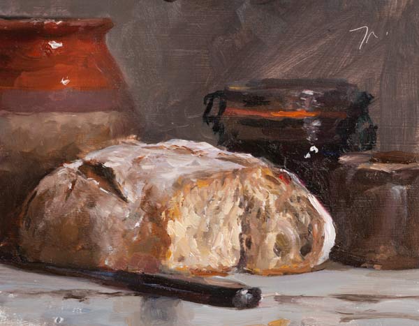daily painting titled Still life with loaf, knife and pots