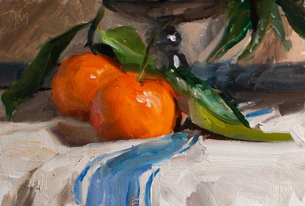 daily painting titled Clementines and blue striped cloth