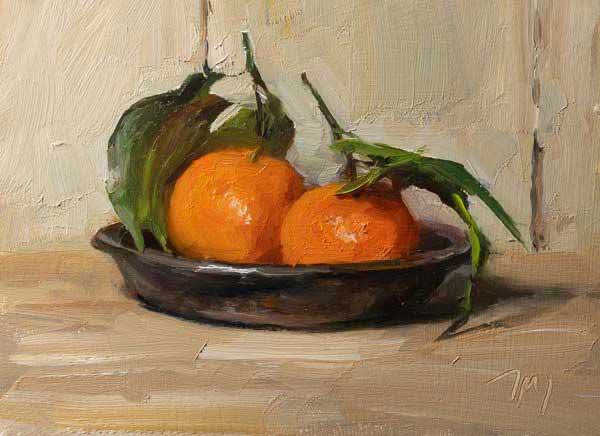 daily painting titled Clementines on a silver dish