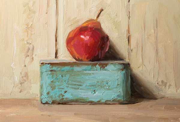 daily painting titled Pear and blue tin