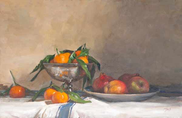 daily painting titled Still life with Clementines and silver bowl