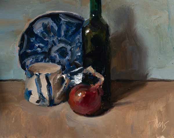 daily painting titled Still life with bottle, plate, cup and onion
