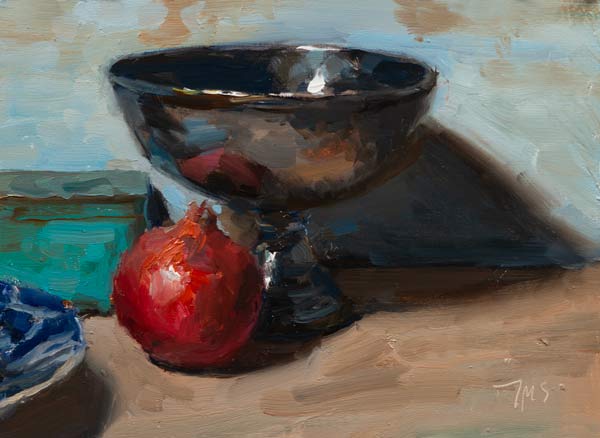 daily painting titled Still life with silver bowl and pomegranate