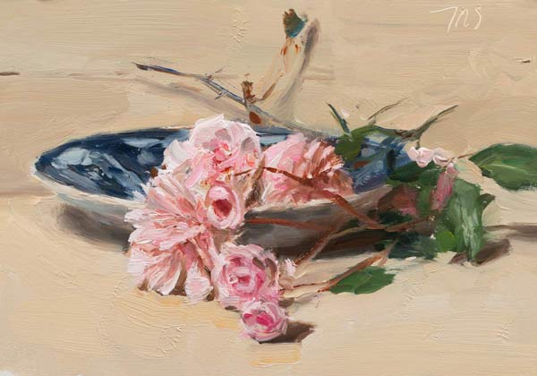 daily painting titled Roses and blue plate
