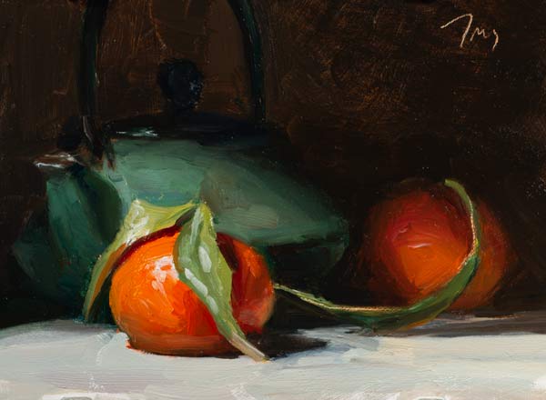 daily painting titled Clementines with Japanese teapot