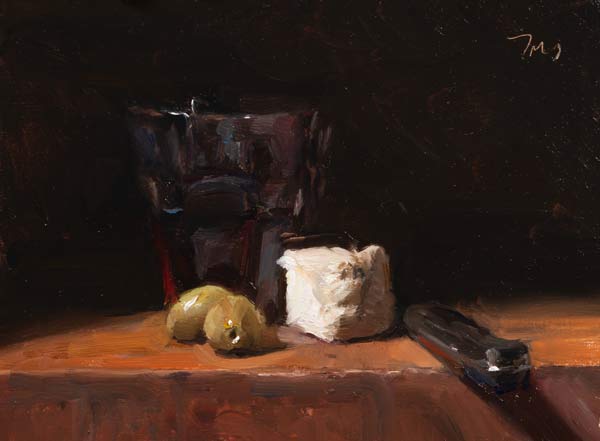 daily painting titled Olives, cheese and a glass of wine