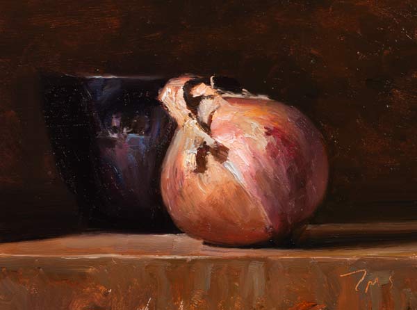 daily painting titled Onion and black bowl