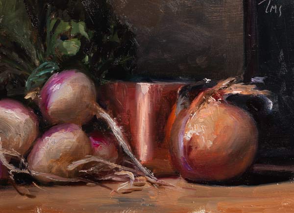 daily painting titled Turnips, onion and copper pan