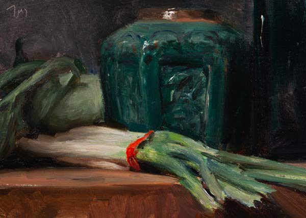 daily painting titled Spring onions, kohlrabi and ginger jar