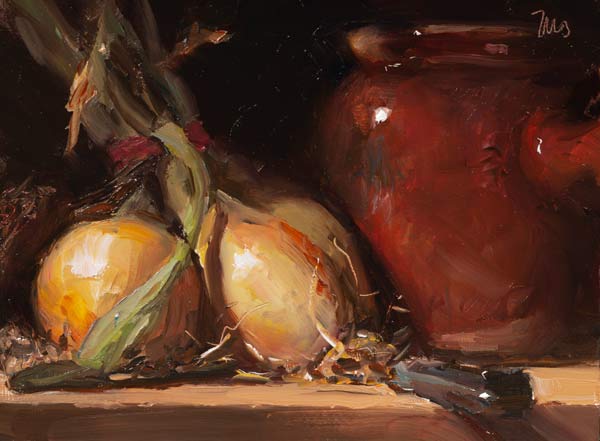 daily painting titled Sweet onions with knife and pot