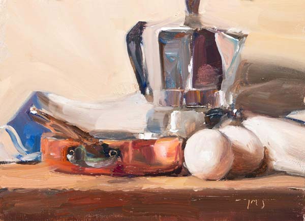 daily painting titled Still life with coffee pot, eggs and copper pan
