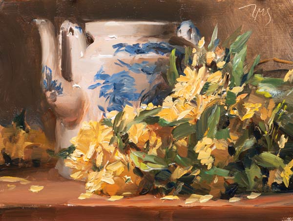 daily painting titled Chinese teapot with Lady Banks' roses