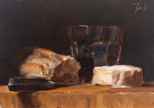 daily painting titled Bread, cheese and a glass of wine