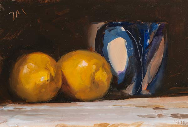 daily painting titled Still life with lemons and cup