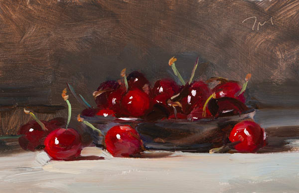 daily painting titled Cherries on a pewter dish