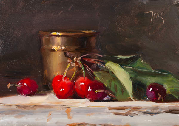 daily painting titled Cherries and brass pot
