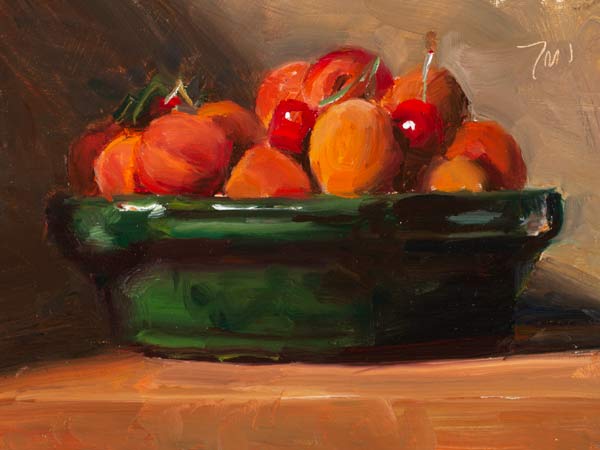 daily painting titled Bowl of apricots and cherries