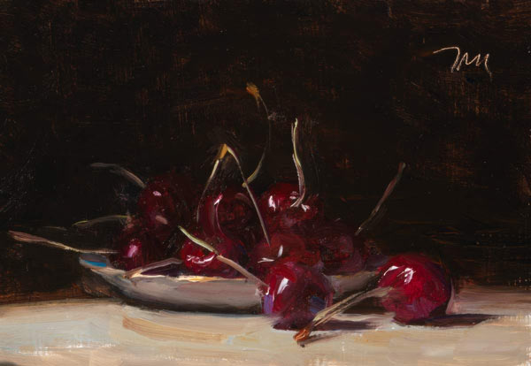 daily painting titled Cherries on a gold rimmed saucer