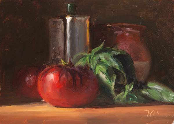 daily painting titled Tomatoes, basil and tin of olive oil