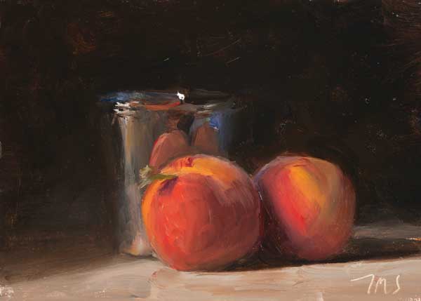 daily painting titled Peaches and silver cup